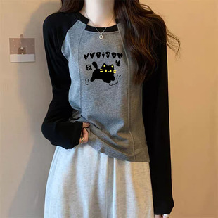 秋冬设计撞色百搭上衣 内搭2025新款 纯棉宽松拼接长袖 t恤女打底衫