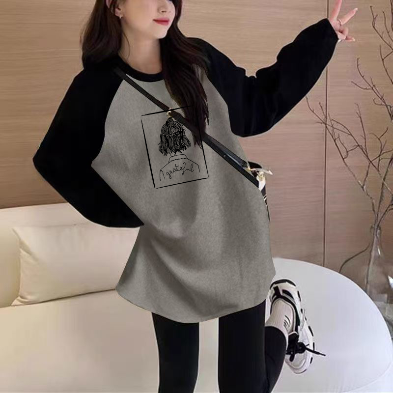 2025春秋季过臀中长款德绒拼色长袖t恤女打底衫宽松休闲大码上衣