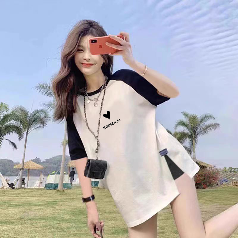 纯棉设计感插肩袖短袖t恤女2025春夏新款宽松显瘦中长款开叉上衣
