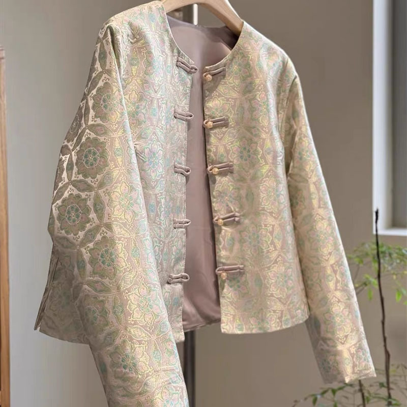 新中式外套女仿宋锦短款外套女圆领外套女上衣女唐装盘扣外套女