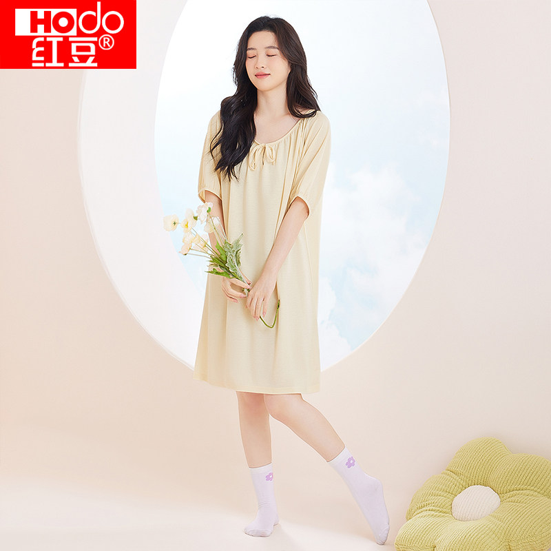 红豆夏季清凉泡泡袖女士睡裙甜妹公主风中长裙休闲连衣裙家居服