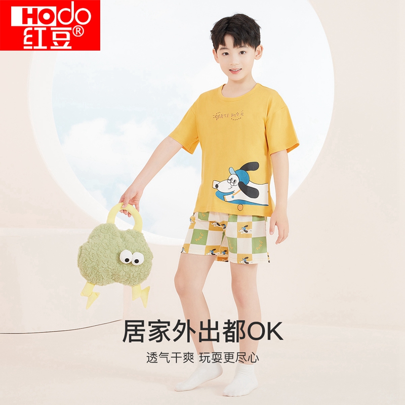 红豆100%棉透气男童睡衣家居服套装儿童纯棉短袖宽松睡衣空调服