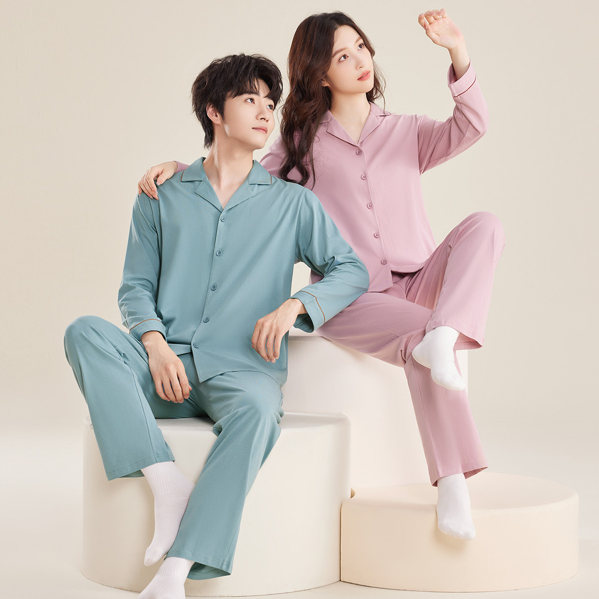 红豆纯棉长袖长裤情侣家居服春夏开杉前扣宽松男女士睡衣睡裤套装