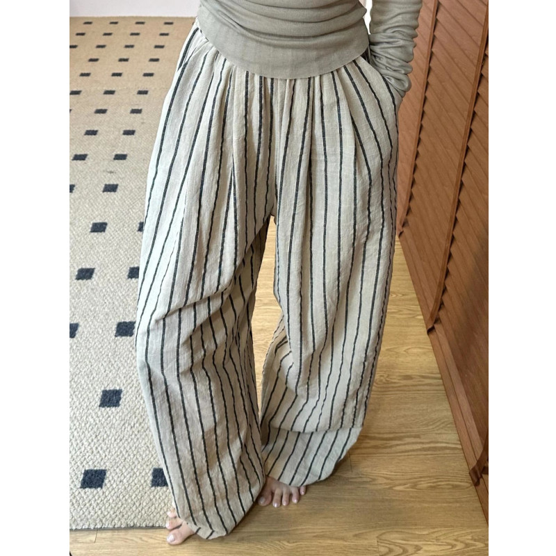 慵懒风棉麻条纹休闲裤女松弛感
