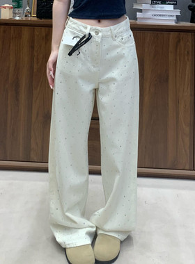 175高个子加长设计感白色烫钻牛仔裤女时尚宽松高腰阔腿拖地裤夏