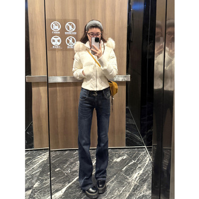 加长版水洗低腰微喇牛仔裤女修身