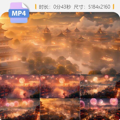 高清4K宽屏盛世大唐长安烟花绽放国风古舞蹈楼阁LED背景视频素材