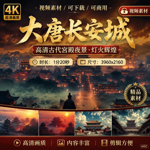高清大唐盛世长安城古代宫殿夜景亭台阁灯火通明辉煌视频素材