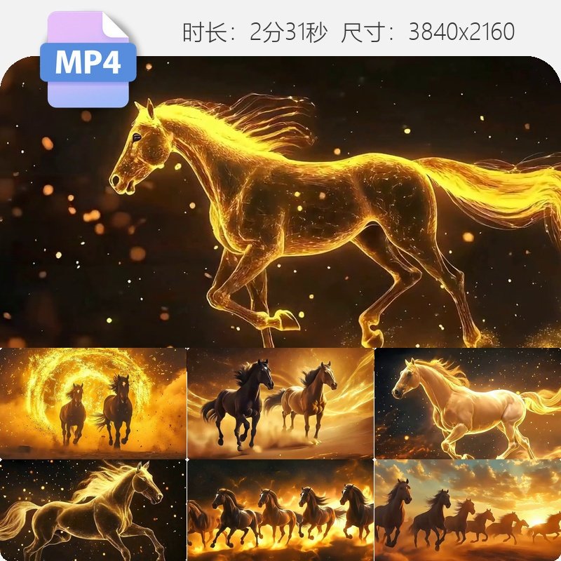 高清粒子马万马奔腾火焰骏马狂奔金色粒子马黑金大屏背景视频素材