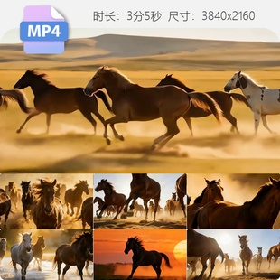 高清骏马万马奔腾草原日落夕阳金色阳光旷野群马奔跑视频素材