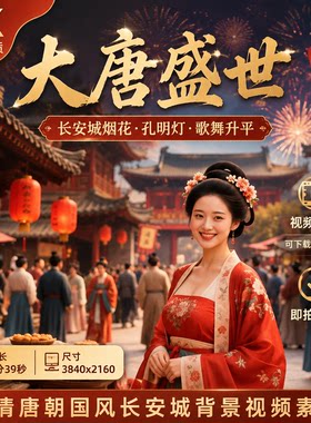高清大唐盛世唐朝国风长安城烟花孔明灯歌舞升平舞蹈背景视频素材