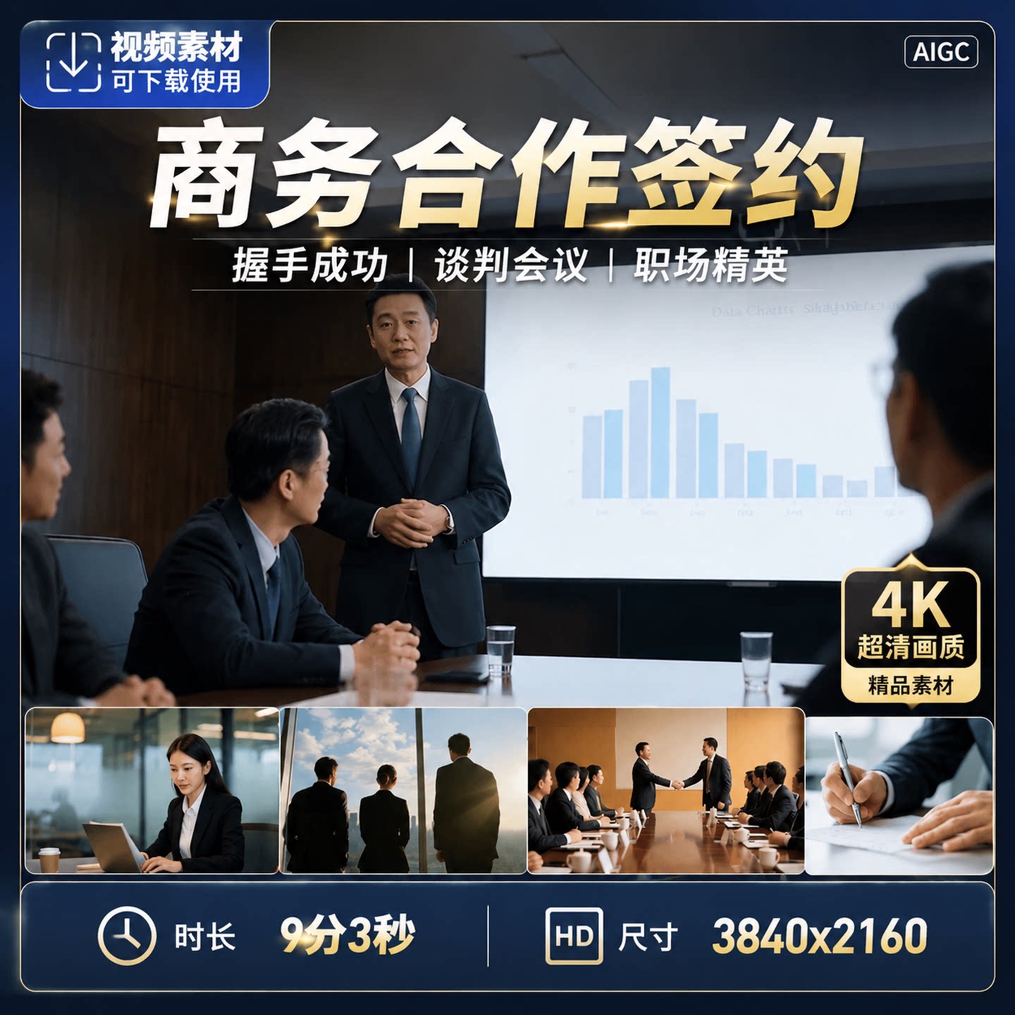 高清商务合作握手签约成功谈判会议西装职场精英人士视频素材
