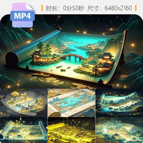 高清宽屏国风鎏金卷轴清明上河图春山水古典美学舞台背景视频素材