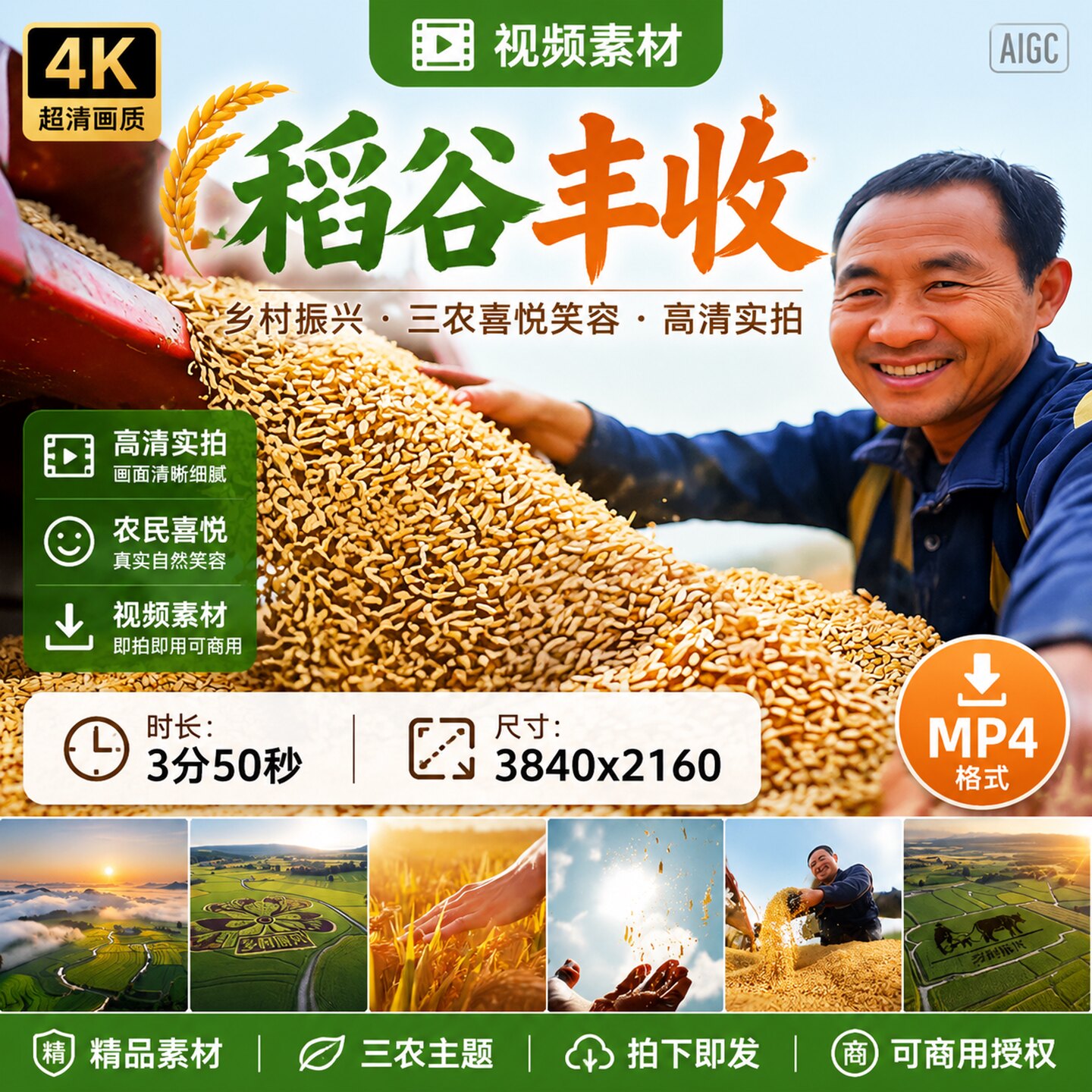 高清乡村振兴农民稻谷丰收水稻粮食作物三农喜悦笑容视频素材