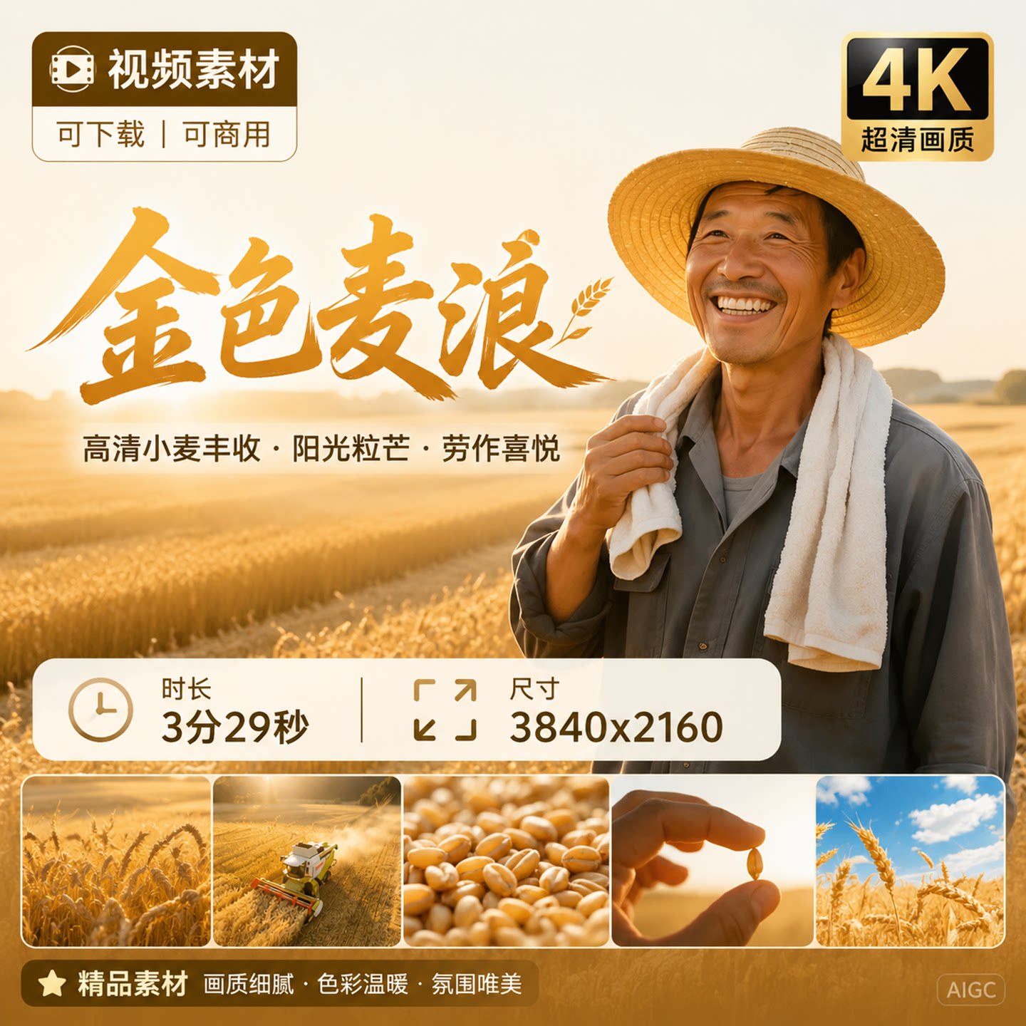 高清小麦丰收金色麦浪唯美农业乡村振兴阳光粒芒种劳作喜悦粮食