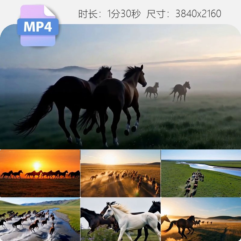 高清草原万马奔腾骏马奔跑逐日团队合作马踏水花大气震撼视频素材