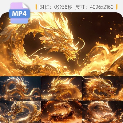 高清黄金中国龙神话龙震撼风图腾飞燃烧火焰蛟大气展馆视频素材