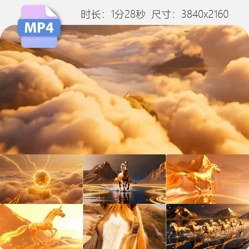 高清2026马年企业年会开场片头震撼大气金色骏马万马奔腾视频素材