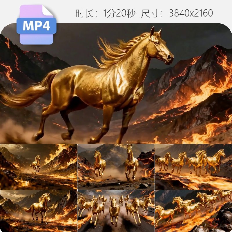 高清2026马年金色骏马年会颁奖舞台背景万马奔腾火焰动态视频素材
