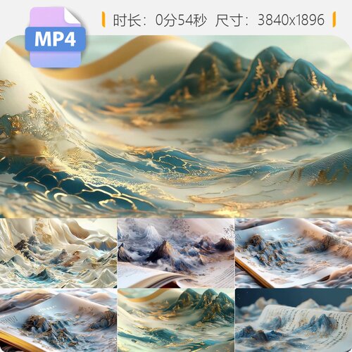 高清古风卷轴水墨山水国风LED舞台背景云海瀑布竹林溪流视频素材
