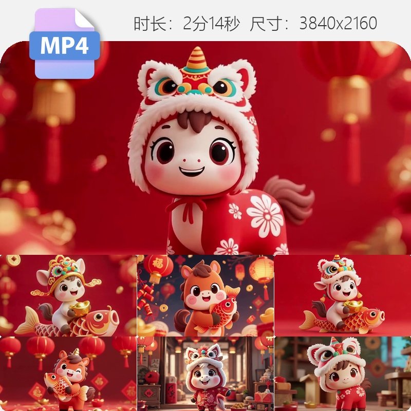 高清马年贺岁2026春节动画中国风喜庆拜年福娃新年快乐视频素材
