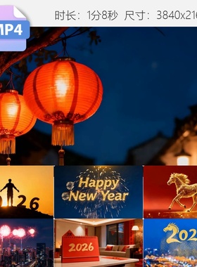 高清2026马年元旦春节快乐金色马焰火古巷烟花灯笼城市夜视频素材