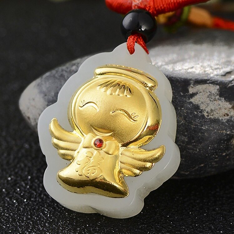 金镶玉天使吊坠和田白玉福气小天使宝宝平安护身玉石项链挂坠送礼