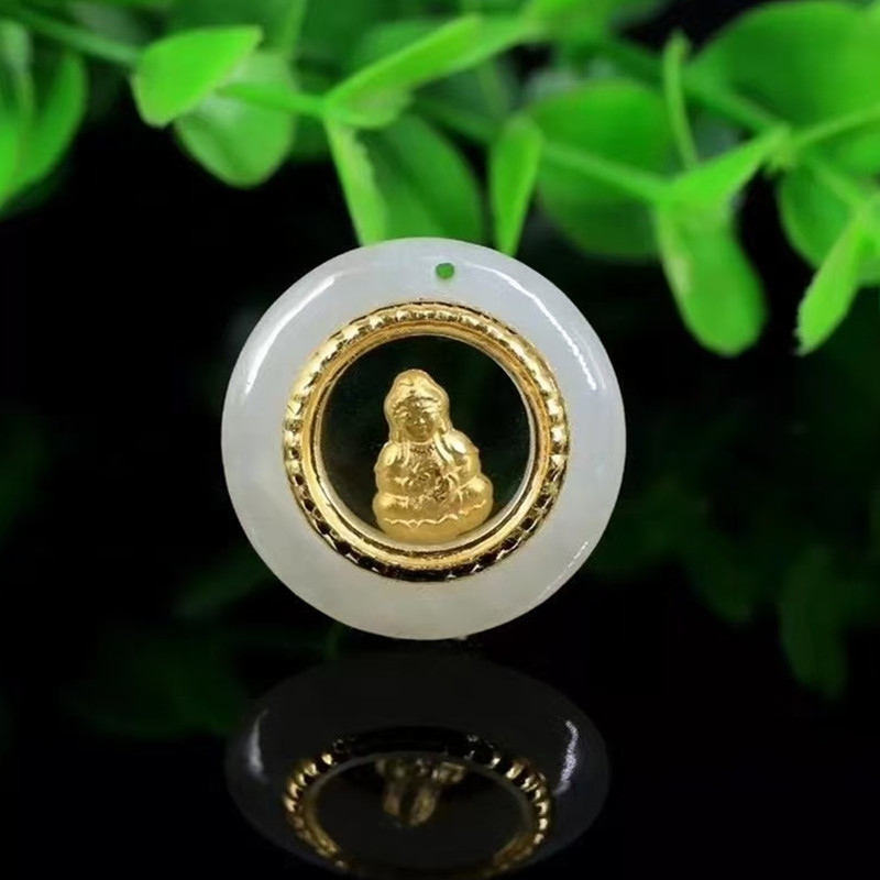 999足金4D立体金镶玉黄金时来运转观音佛福袋天使挂件天然和田玉