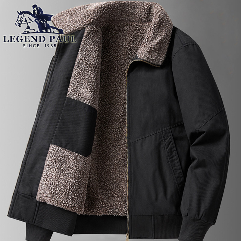 保罗新款加绒加厚夹克男士纯棉工装休闲飞行服羊羔绒棉服秋冬外套
