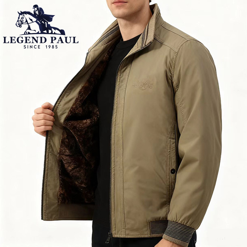 保罗纯棉夹克男士休闲风纯棉宽松立领加绒加厚保暖外套中年爸爸装