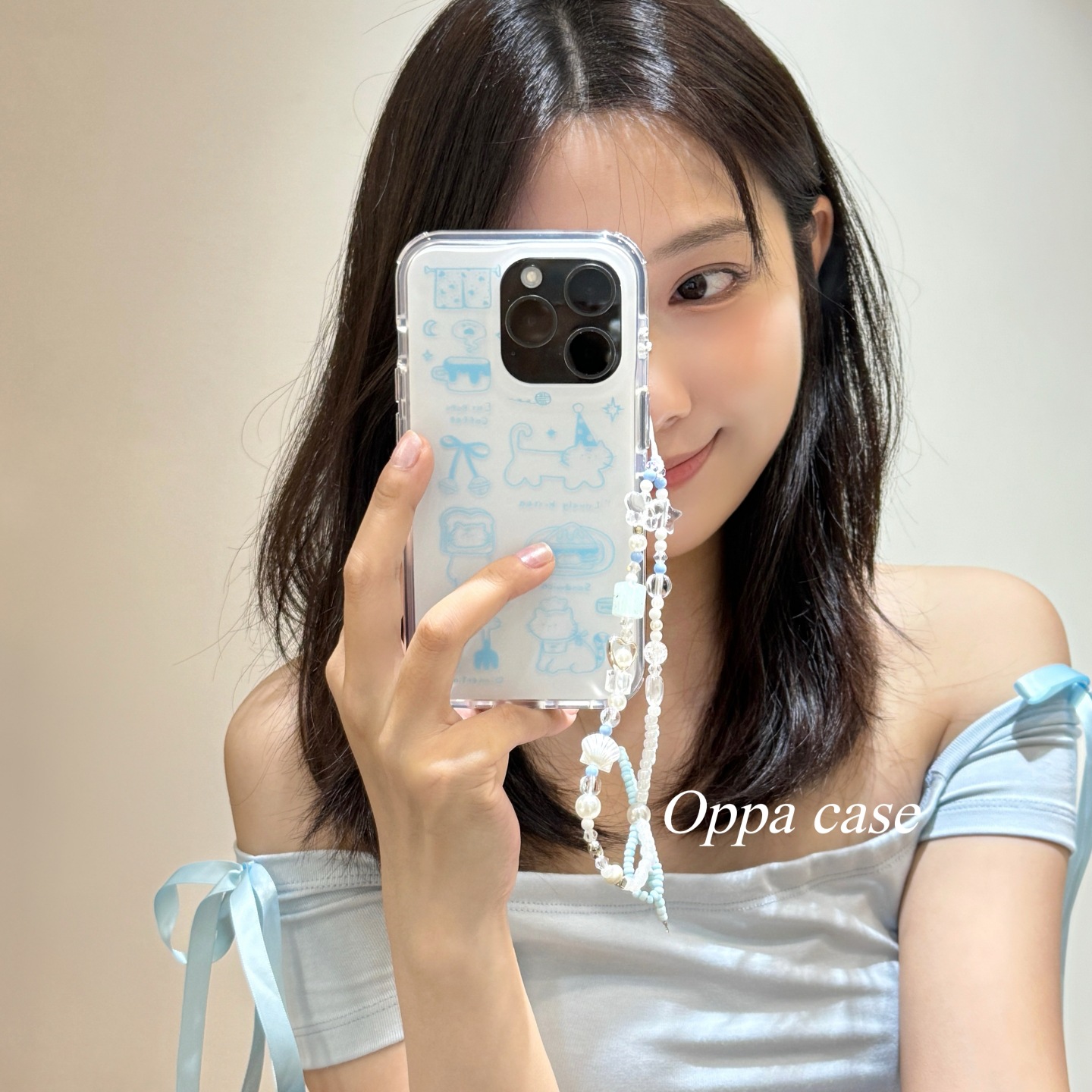 韩系ins简约可爱蓝色线条猫咪挂绳适用苹果16promax手机壳iphone1