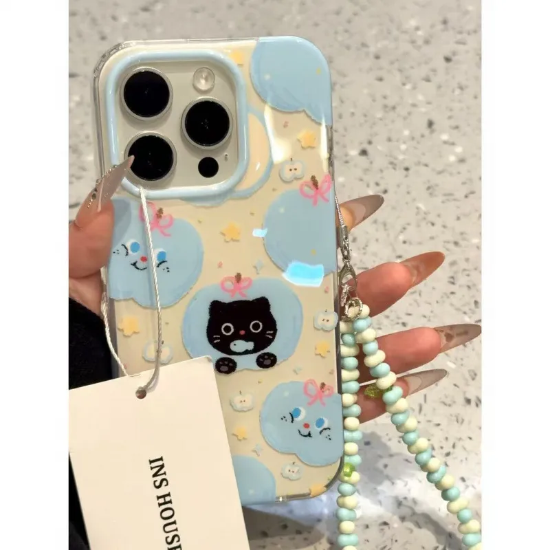 可爱笑脸蝴蝶结青苹果黑猫适用iphone16proma苹果15pro手机保护壳