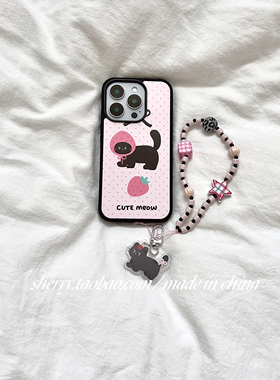 SHERRY*ins风粉色波点草莓黑猫可爱适用于苹果16ProMax手机壳iPho