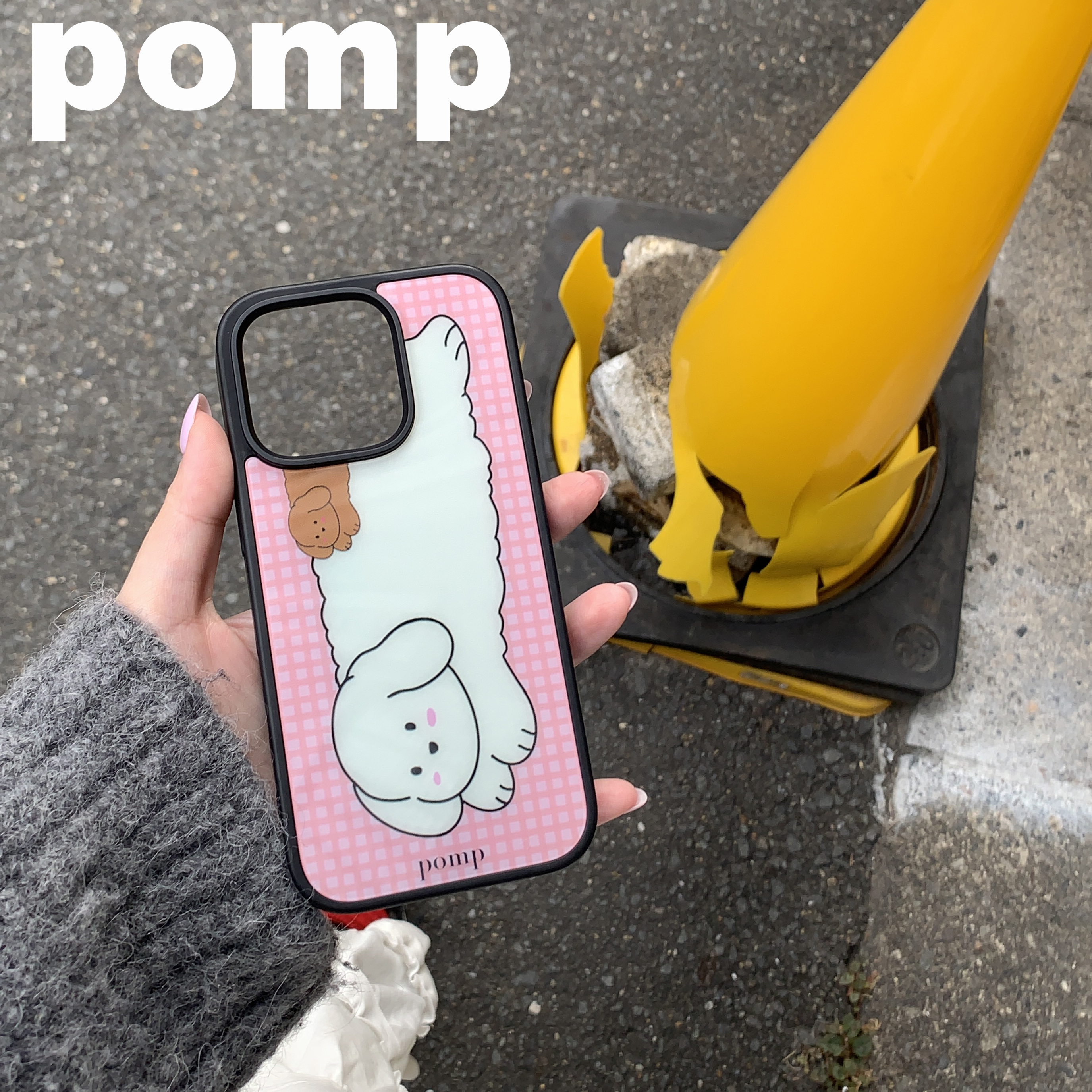 pomp原创设计两色手绘小狗全包磁吸手机壳格子撞色in16promax