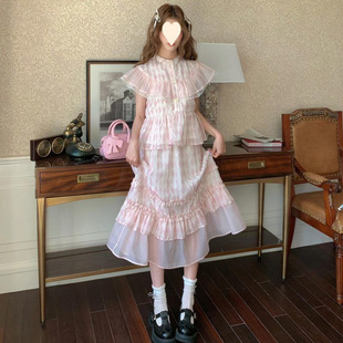 新款 斗篷衬衫 夏季 甜美小众小飞袖 女 上衣 高腰拼接半身裙两件套装