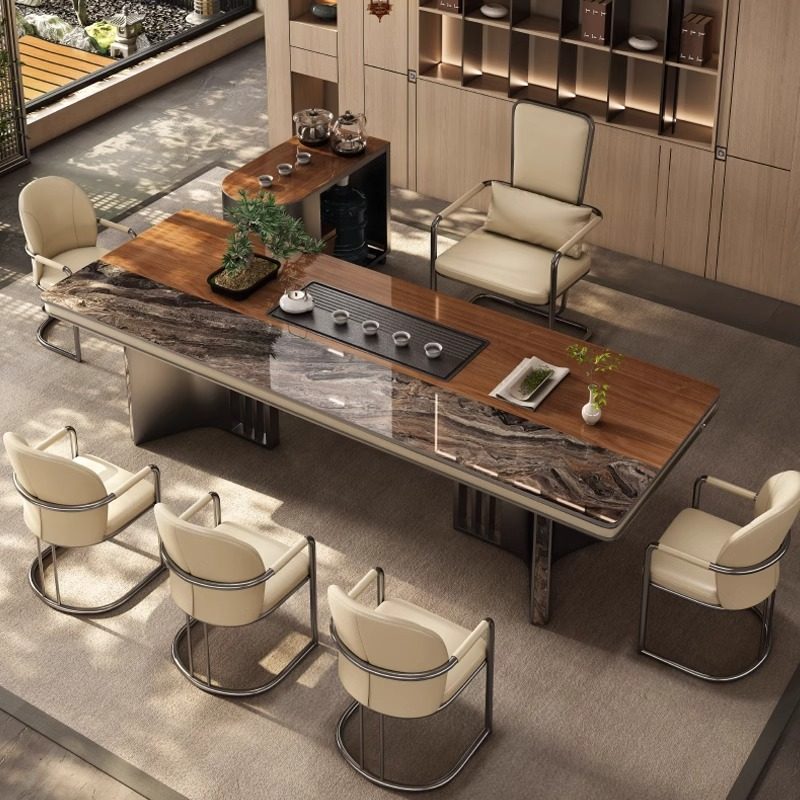 轻奢现代奢石岩板泡茶桌一桌五椅