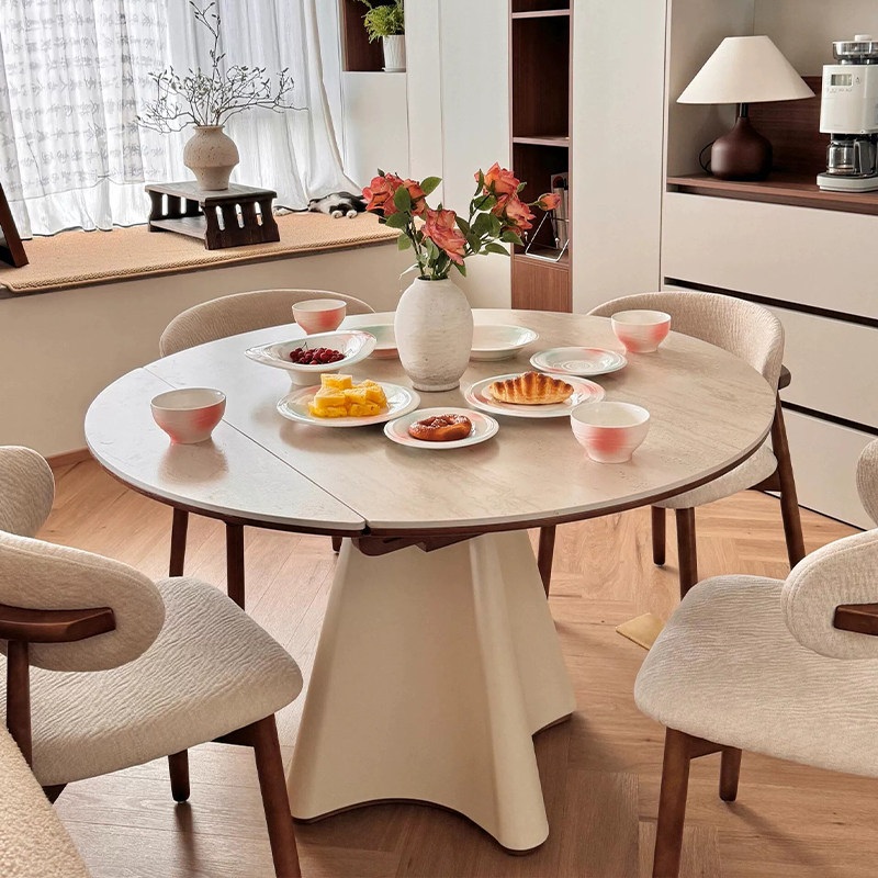 法式可伸缩洞石岩板餐桌方圆两用中古风奶油实木折叠桌小户型饭桌,住宅家具,岩板餐桌,淘宝优惠券,粉丝福利购,淘宝优惠卷