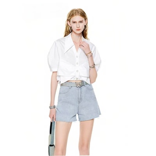 女夏季短袖上衣掌柜推荐法式轻奢都市风蝴蝶结白色短款宽松衬衫潮
