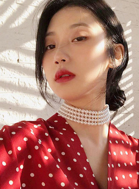 韩国手工街拍多层短款珍珠项链