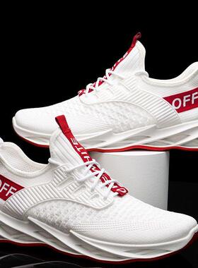 2025新款男士运动鞋飞织网鞋时尚运动跑步鞋网面透气红色休闲男鞋