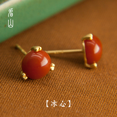 Серьги 看山|冰心|南红酒红色耳饰钉玛瑙女纯银汉服旗袍配新中式宋代耳环