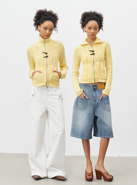 GROWN NOTOLD高领提花黄色针织拉链毛衣外套