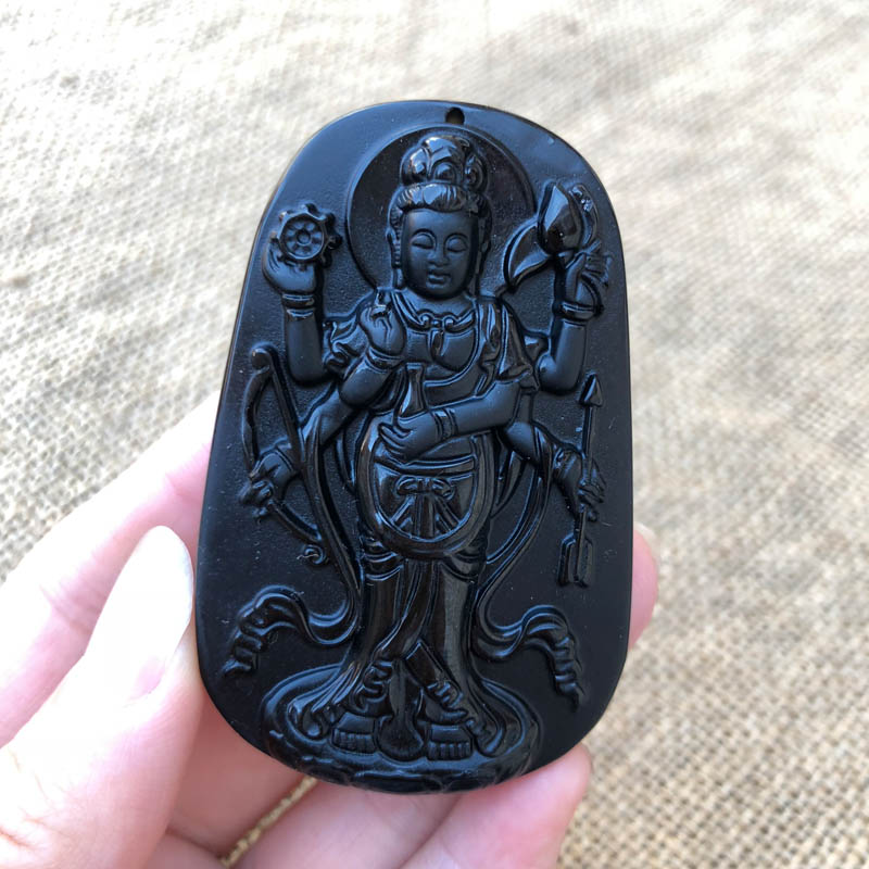 项链天然黑曜石挂件证书观音吊坠