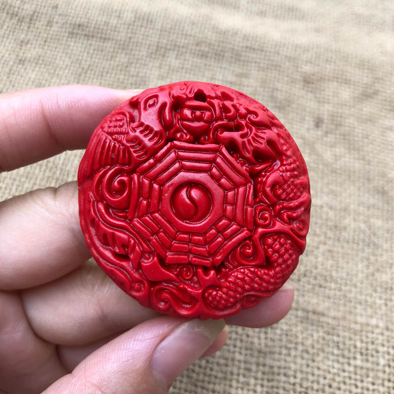 帝王红圆牌龙凤八卦项链朱砂五行太极八卦龙凤玉佩男女款吊坠