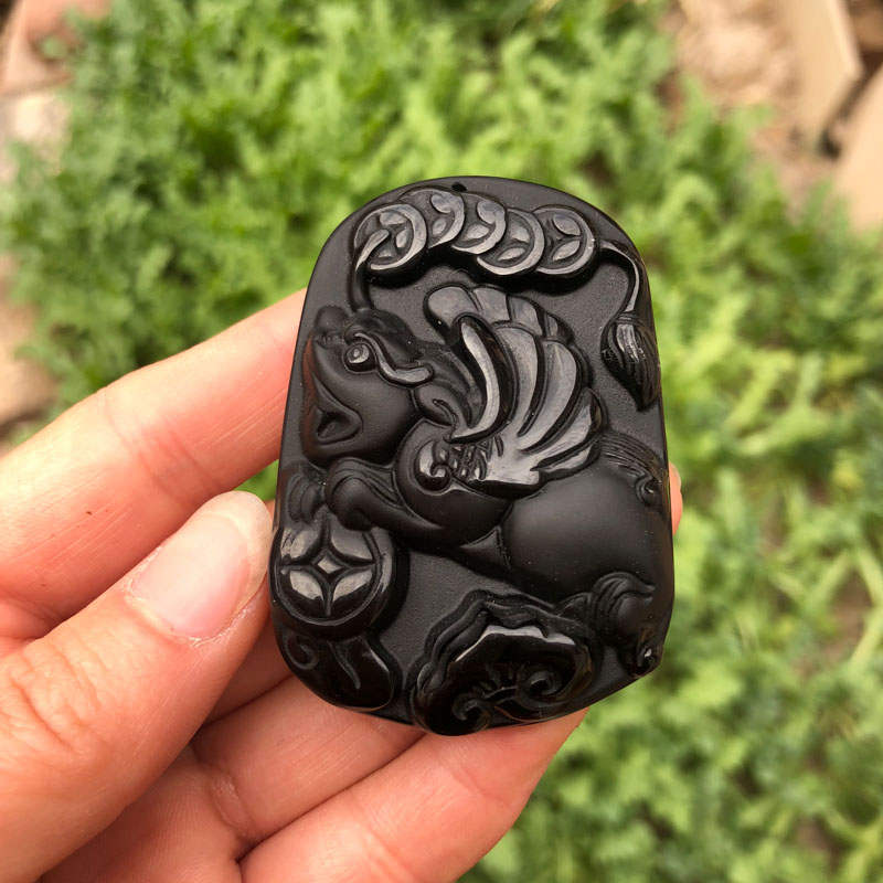 招财黑曜石麒麟项链吊坠送证书
