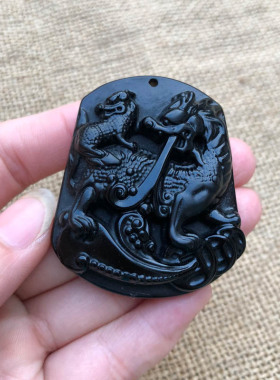 天然黑曜石麒麟玉佩项链证书吊坠