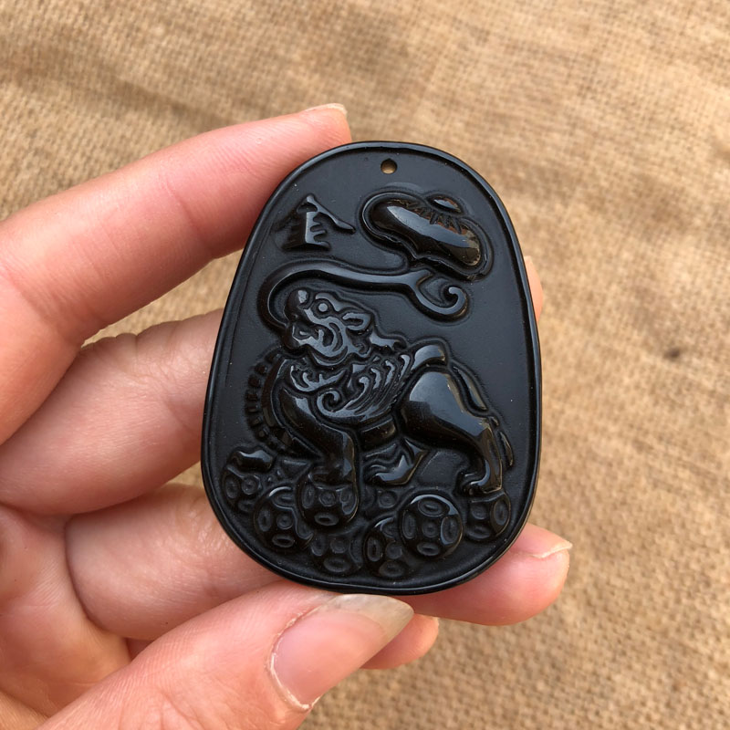 天然黑曜石麒麟玉佩男女项链情侣挂件送证书