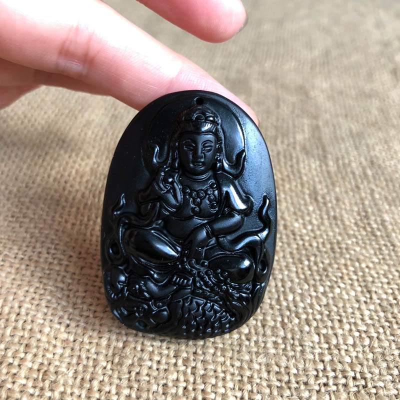 天然黑曜石护身符证书观音吊坠