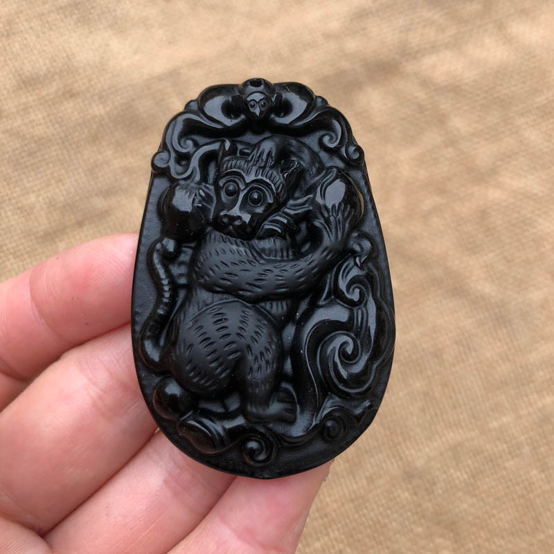 天然黑曜石生肖猴如意证书吊坠