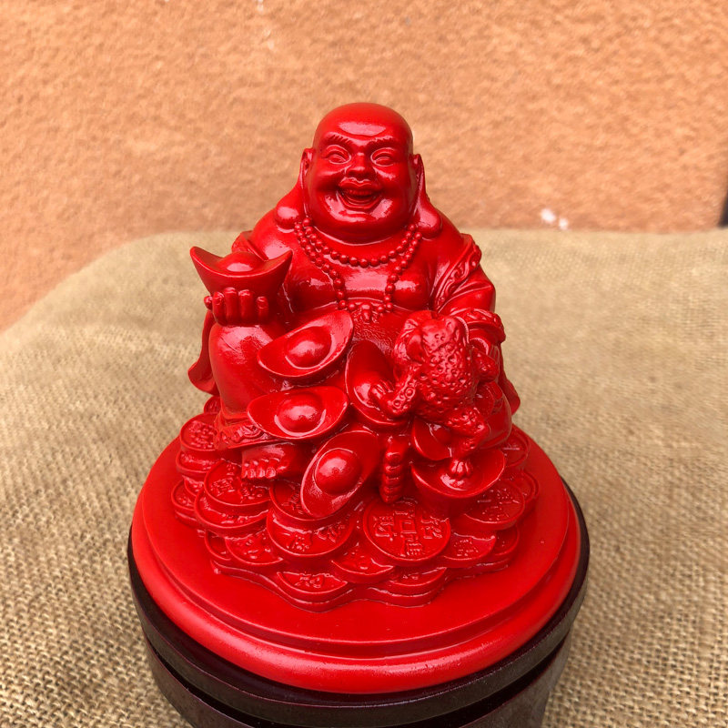 帝王红弥勒佛像大肚笑佛摆件朱砂黄金袋招财金蟾佛风水摆件